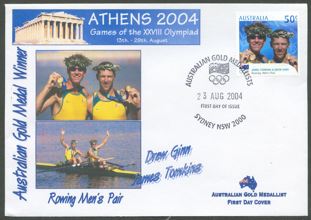 FDC AUS 2004 Aug. 23rd PM Sydney OG Athens gold medallists M2 Tomkins Ginn Two photos as illustratiom