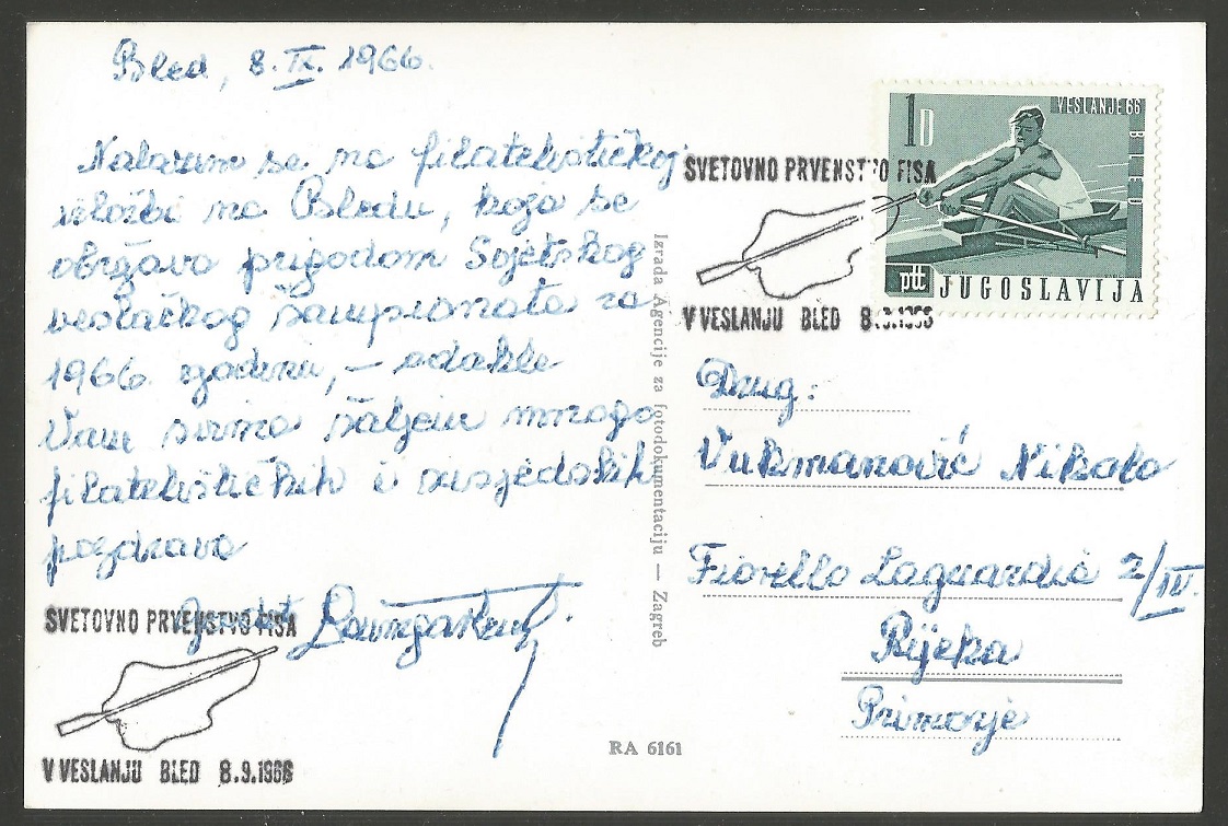 PC YUG 1966 WRC Bled with stamp special postmark Sept. 8th on back reverse