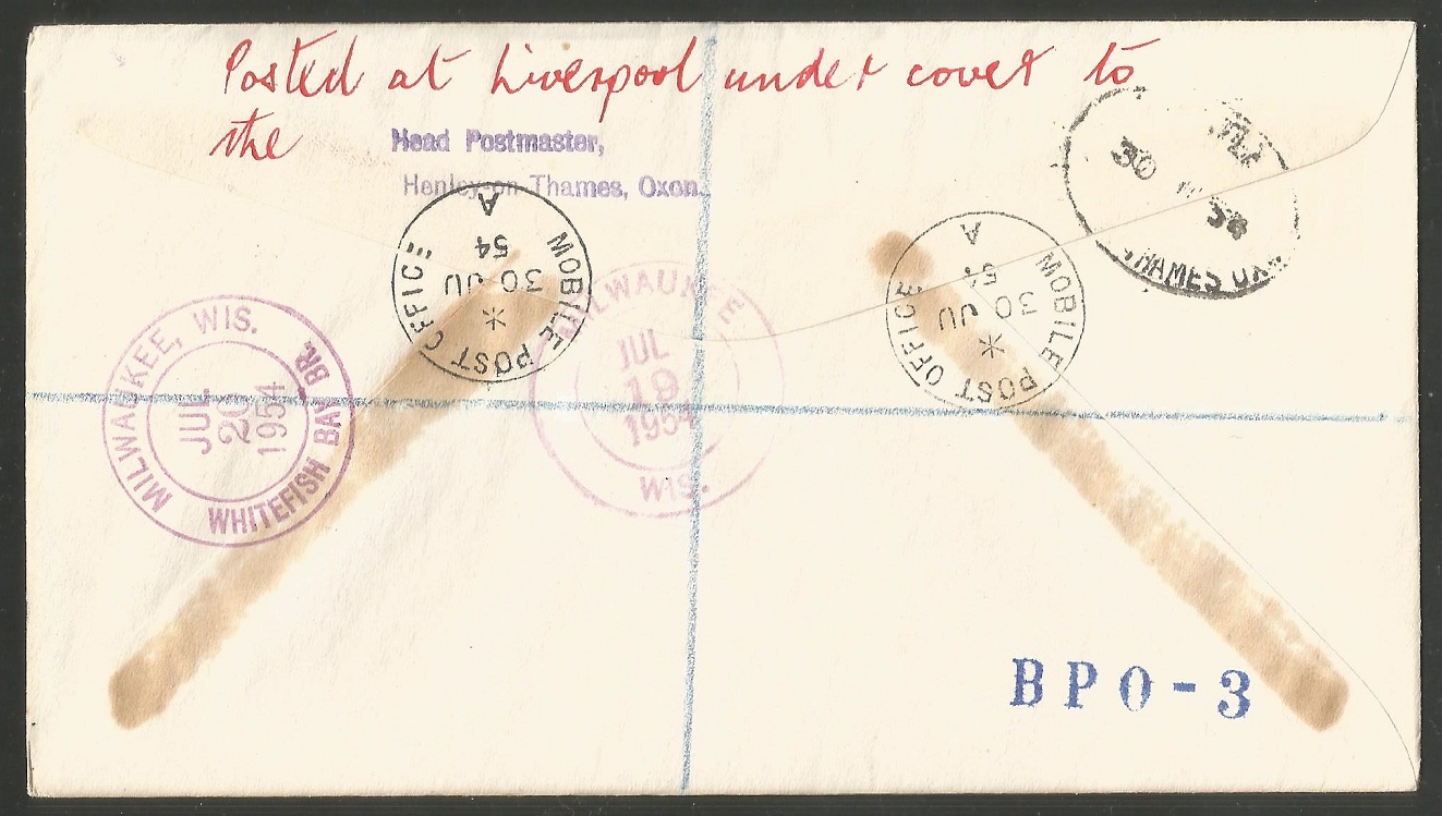 Registered letter GBR 1954 June 30th with PM Mobile Post Office A Henley and registration label Henley on Thames No. 9778 reverse