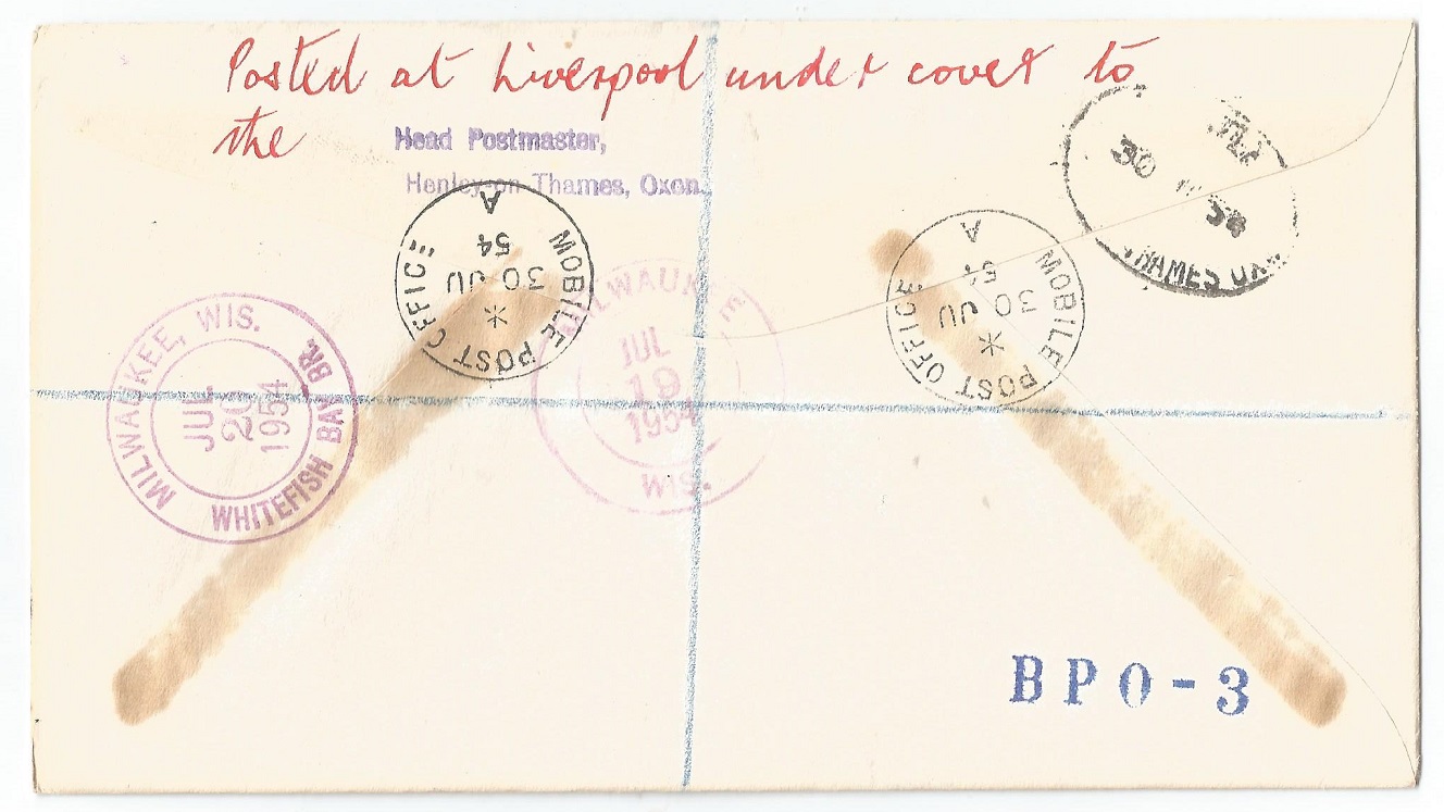 Registered letter GBR 1954 June 30th with PM Mobile Post Office A Henley and registration label Henley on Thames No. 9778 reverse