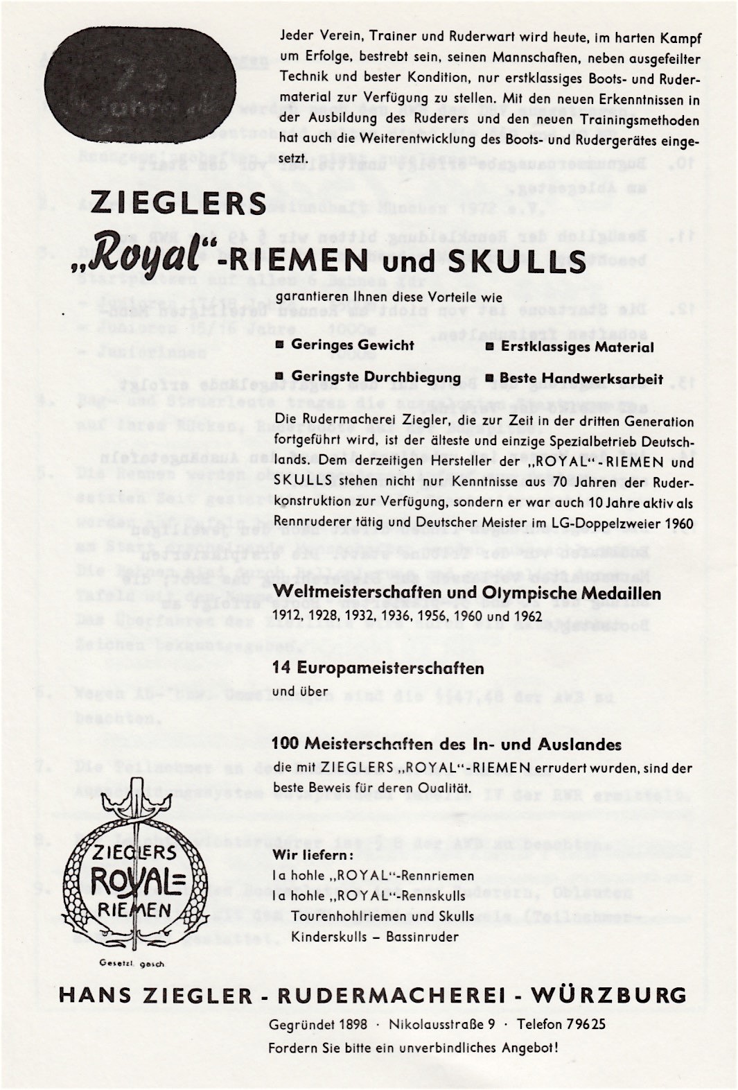 Ad GER 1976 Boarbuilder Ziegler Oars and sculls only Coll. VZ
