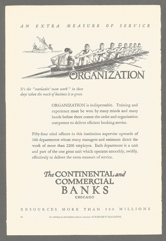 Ad USA The CONTINENTAL and COMMERCIAL BANKS Chicago Organisation SCRIBNERS MAGAZINE