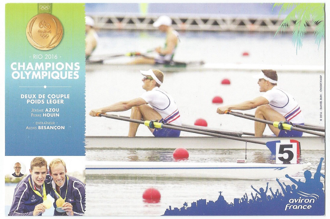 Crew card FRA 2016 OG Rio de Janeiro LWM2X gold medal winners J. Azou P. Houin
