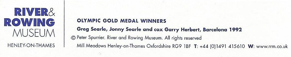 Crew card GBR OG Barcelona 1992 Greg Jonny Searle cox Garry Herbert GBR M2 gold medal winners reverse