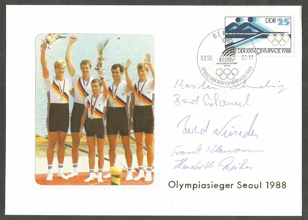 AC GDR 1988 OG Seoul M4 gold medal winners F. Klawonn B. Niesecke B.Eichwurzel K. Schmeling cox H. Reiher with signatures