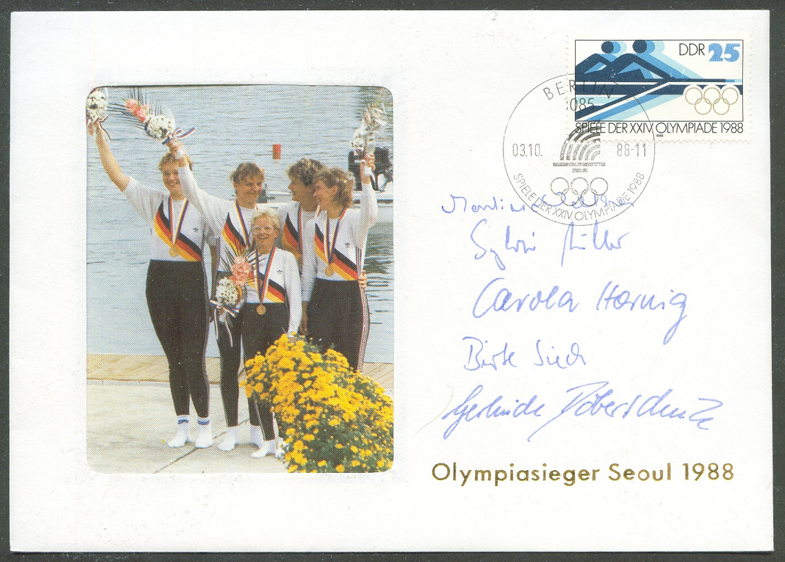 AC GDR 1988 OG Seoul W4 gold medal winners B. Siech C. Hornig G. Doberschütz M. Walther cox S. Mueller with signatures