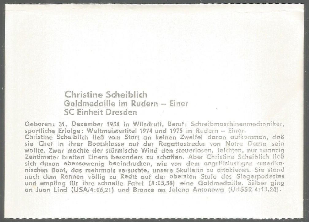 Crew card GDR 1976 OG Montreal Christine Scheiblich GDR W1X gold medal winner reverse