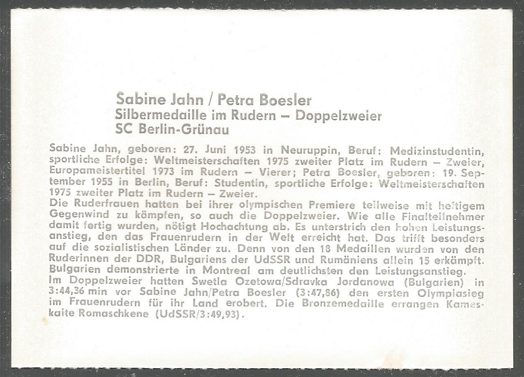 Crew card GDR 1976 OG Montreal W2X silver medal for Sabine Jahn Petra Boesler GDR reverse