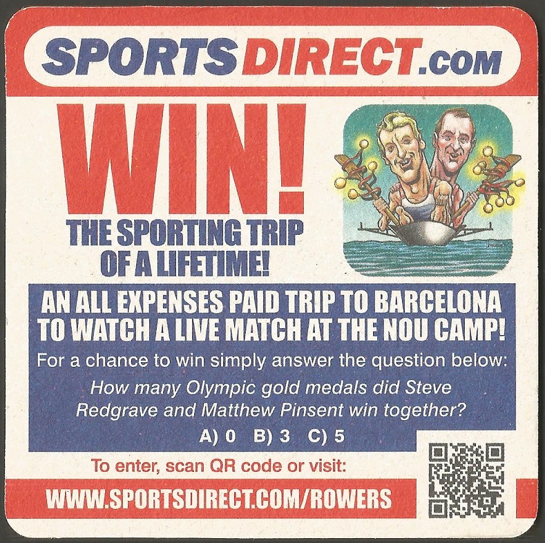 Beer mat GBR SPORTSDIRECT Steve Redgrave Matthew Pinsent three times M2 Olympic gold medal winners 1988 1992 1996 reverse