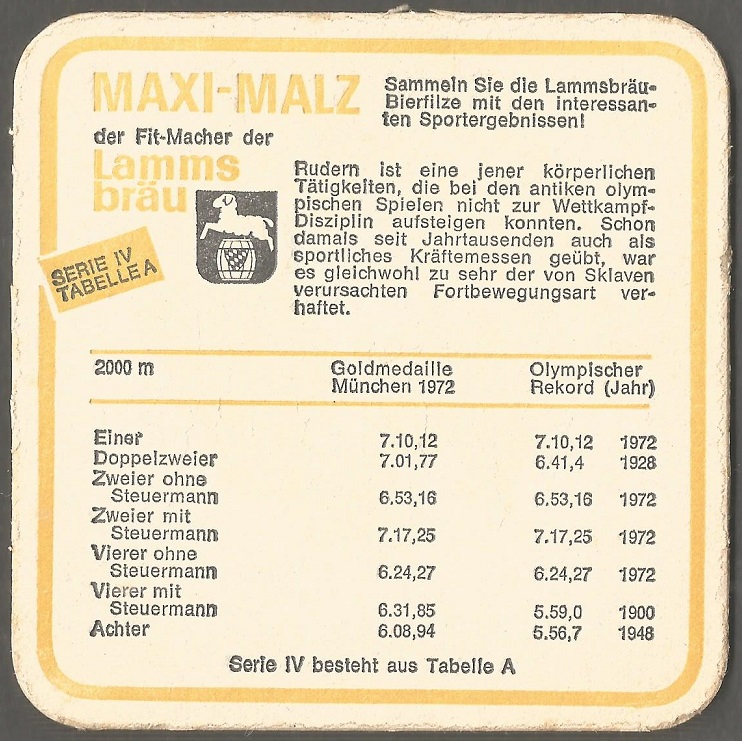 Beer mat GER 1972 LAMMSBRAEU MAXI MALZ OG Munich with times for 2000 m