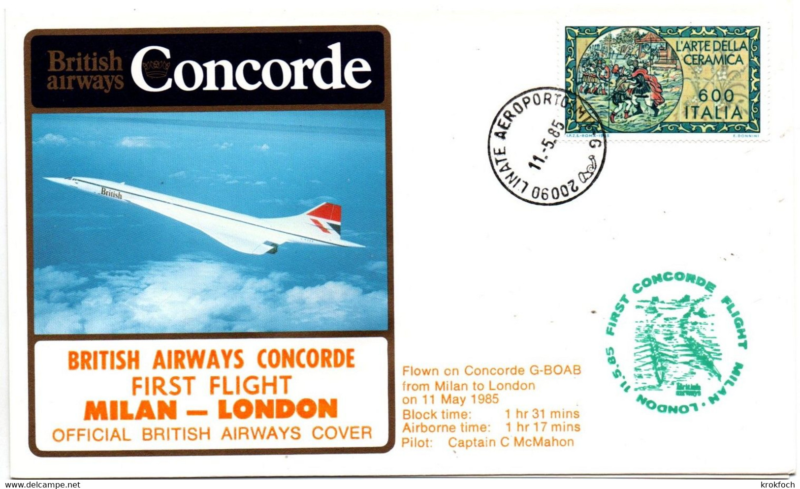 Illustrated cover ITA 1985 with cachet First Concorde flight Milan London by British Airways