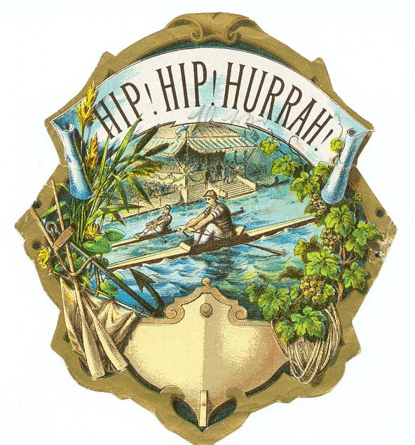Label Ad GER Wine bottle sticker HIP HIP HURRAH Two single scullers racing in front of grandstand
