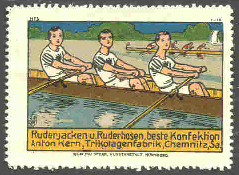 Cinderella GER 1913 Fa. Anton Kern Ruderjacken Drawing of three sweep rowers in brown boat with a 4 in background