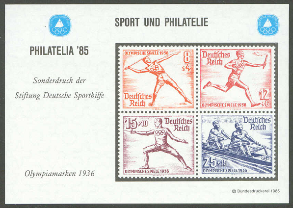 Cinderella GER 1985 reprint of German Olympic stamps 1936 Philex No. 42 core of SS Mi Bl. 6