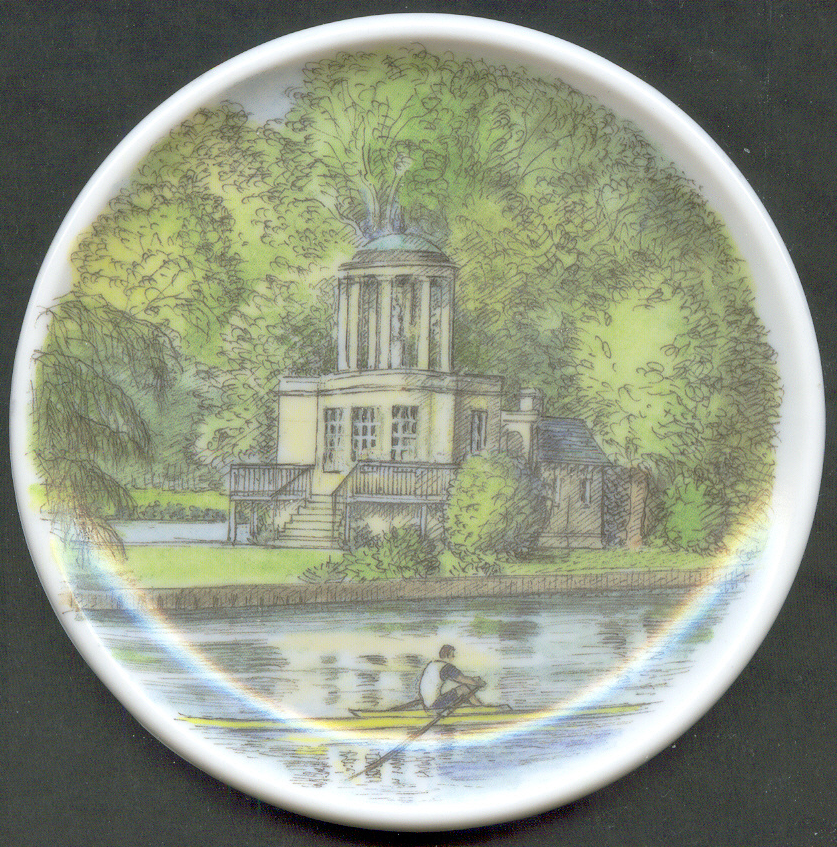 Coaster GBR Henley Regatta Drawing of Temple Island with single sculler in foreground 
