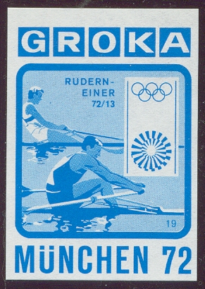 Label GER OG Munich 1972 GROKA Two single scullers in blue Olympic rings logo of the Munich Games