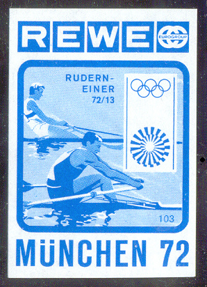 Label GER OG Munich 1972 REWE Two single scullers in blue Olympic rings logo of the Munich Games