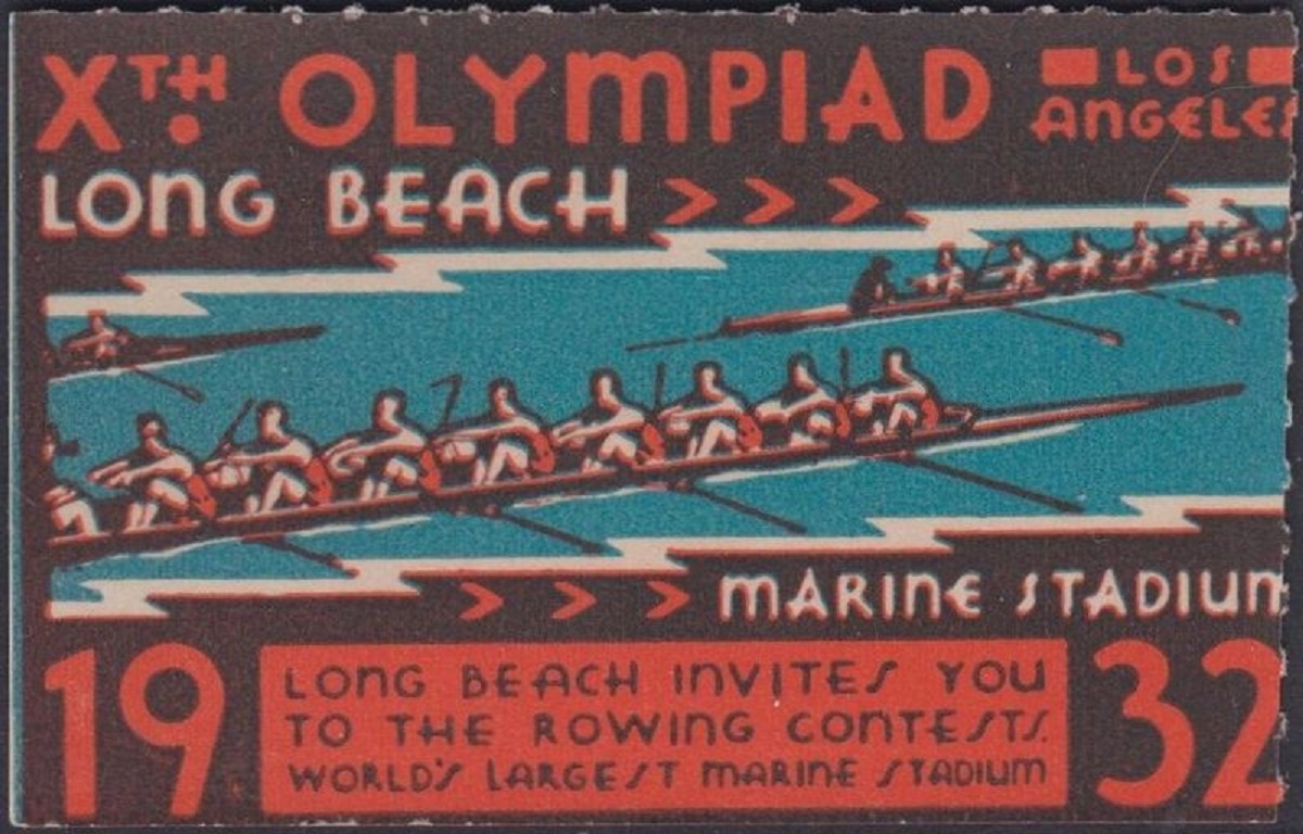 Label USA 1932 OG Los Angeles Long Beach Marine Stadium Long Beach invites you to the rowing contests