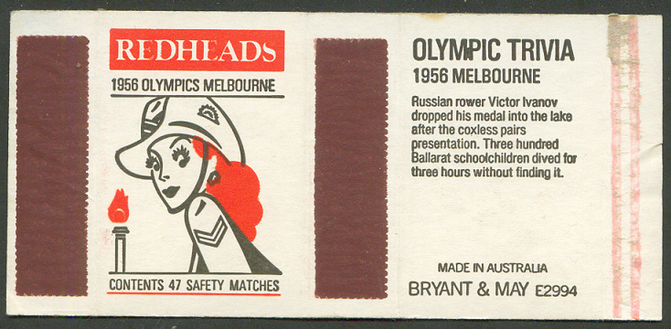 Matchbox cover AUS 1984 Bryant May Olympic Trivia 1956 Melbourne Ivanov