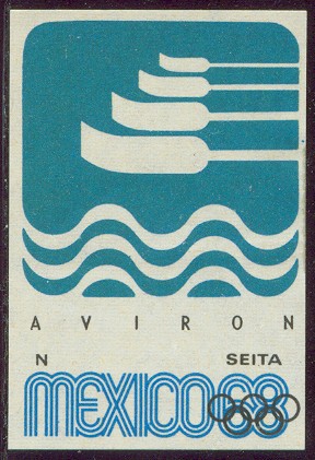 label fra og mexico 1968 official logo four blades stylized wave on blue background 