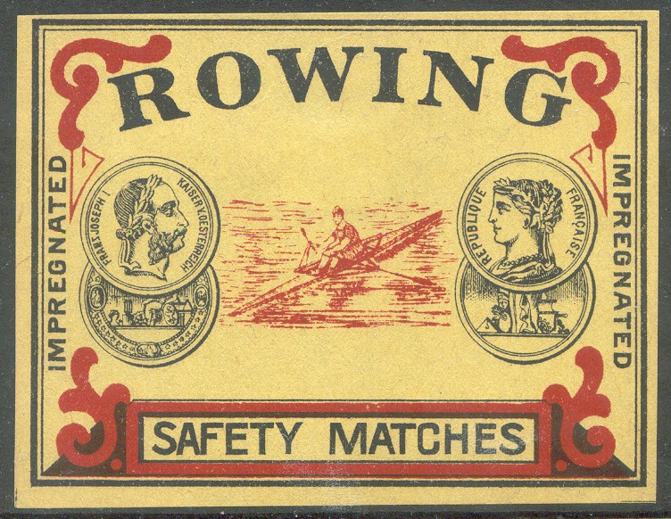 label gbr rowing safety matches drawing of single sculler in red colour large size