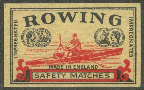 label gbr rowing safety matches drawing of single sculler in red colour small size