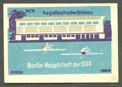label gdr 1963 berlin hauptstadt der ddr no. 10 regattastrecke gruenau drawing of two single scullers competing 