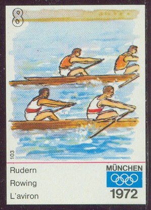 label ger og munich 1972 no. 8 drawing of two 2 racing olympic rings on blue background underneath 
