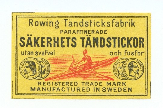 label swe rowing taendsticksfabrik drawing of red single sculler 