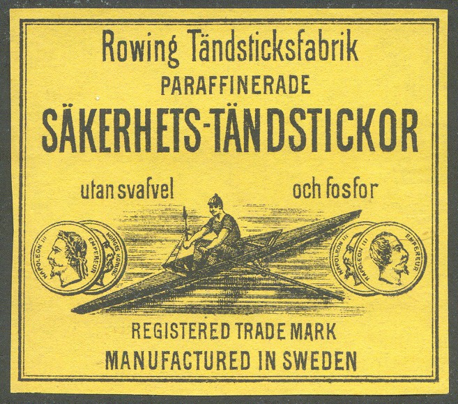 label swe rowing taendsticksfabrik drawing of single sculler on yellow paper 