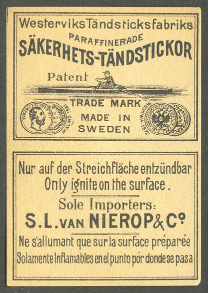 label swe westerviks taendsticksfabriks drawing of single sculler 