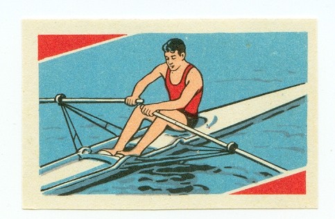 label urs 1963 small single sculler with red vest in white boat 