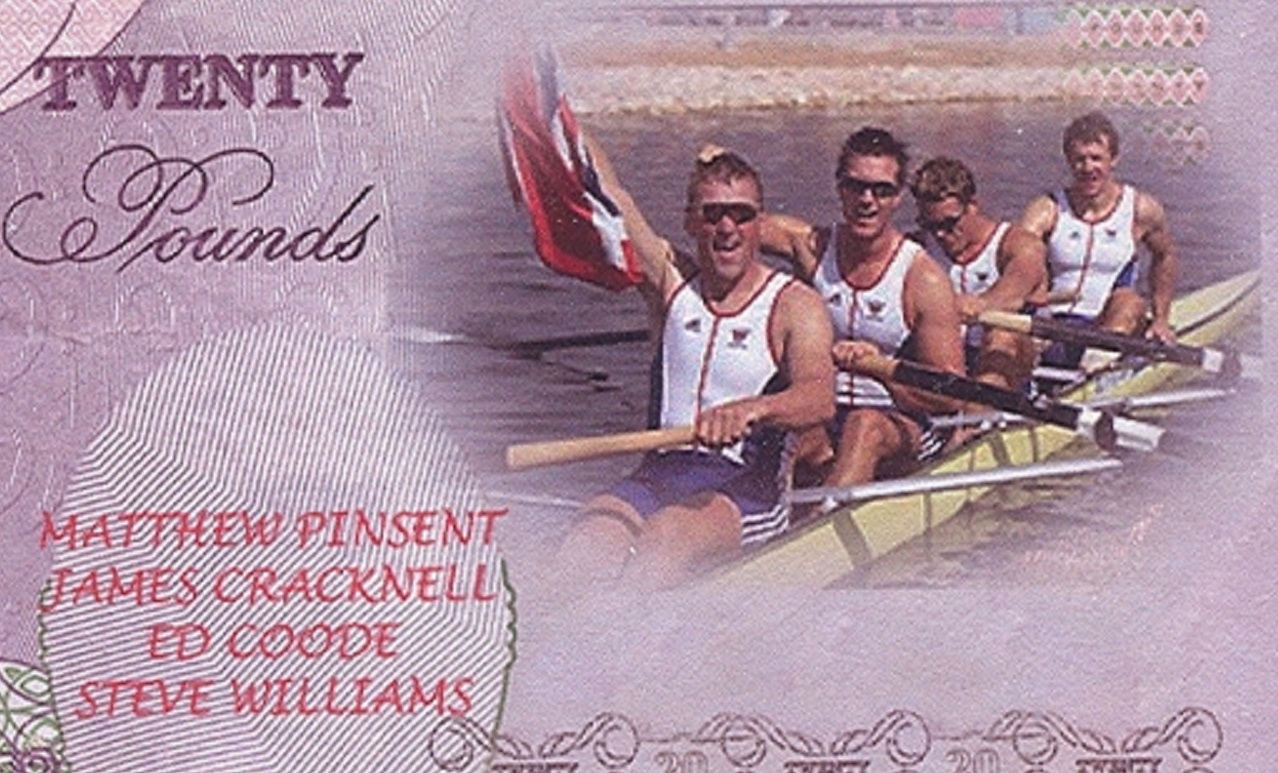 Banknote fancy GBR 2004 OG Athens 20 GBP GBR 4 crew gold medal winners detail Coll. JE