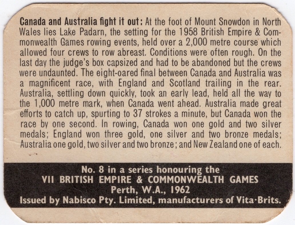 CC AUS 1962 Nabisco Pty. Ltd British Empire Commonwealth Games 1958 Lake Padarn North Wales CAN wins the 8 event by one second reverse