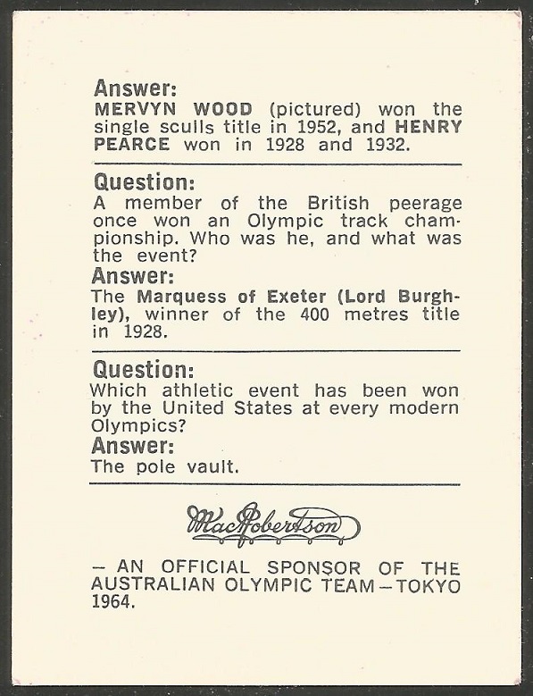 CC AUS 1964 MAC ROBERTSONs Quiz card Mervyn Wood AUS Olympic M1X champion OG Helsinki 1952 reverse