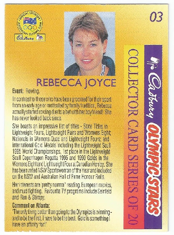CC AUS 1996 CADBURY Olympic Stars No. 3 Rebecca Joyce AUS.jpg reverse
