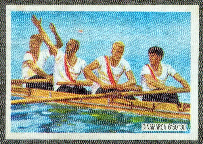CC ESP 1964 NESTLE Los Juegos Olimpicos 1896 1964 cromo No. 232 OG Tokyo M4 gold medal winner crew DEN Erik Petersen Knut Helmudt Bjoern Hasloev John Hansen