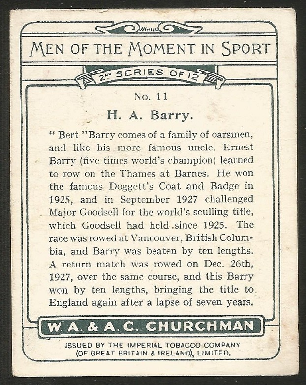 CC GBR 1928 Churchmans Cigarettes H.A. Barry professional World champion 1927 reverse