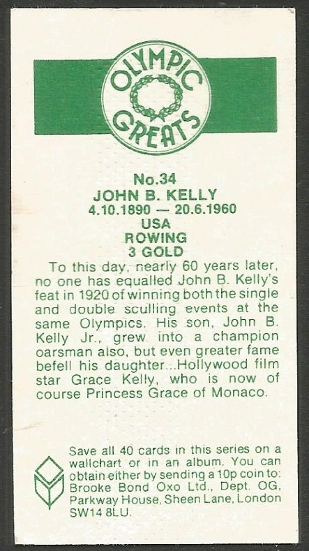 CC GBR 1979 Brooke Bond Oxo Olympic Greats No. 34 John B. Kelly USA Three gold medals 1920 1924 reverse