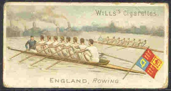 cc gbr 1901 wills s cigarettes  sports of all nations  no. 17  england  rowing   coloured drawing of oxford   cambridge race 