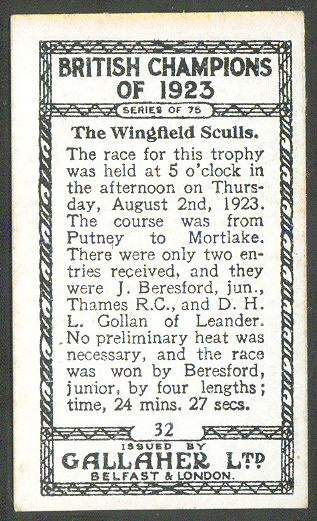 cc gbr 1924 gallahers cigarettes british champions of 1923 no. 32 j. beresford junior winner of the wingfield sculls 1923 - reverse
