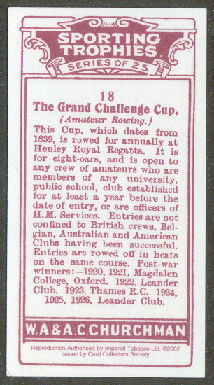cc gbr 1927 churchmans cigarettes sporting trophies no. 18 - the grand challenge cup - reprint 2002 reverse