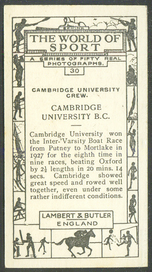 cc gbr 1927 lambert  butler the world of sport no. 30 cambridge university b.c. 8 winner of the boat race 1927 - reverse