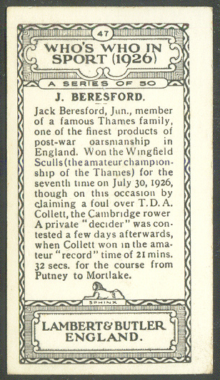 cc gbr 1927 lambert  butler whos who in sport no.47 j. beresford. jr. - reverse