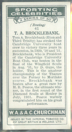 cc gbr 1931 churchmans cigarettes sporting celebrities no. 41 - t.a. brocklebank gbr - reverse -