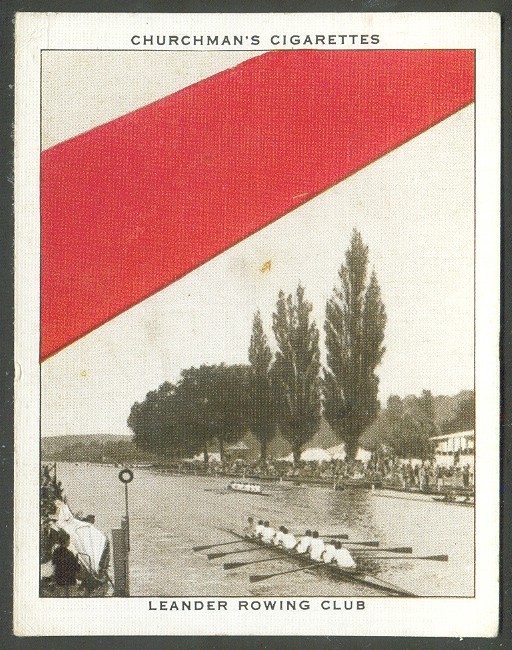 cc gbr 1934 churchman s cigarettes  well known ties  no. 11   leander rc   photo of henley regatta and red tie