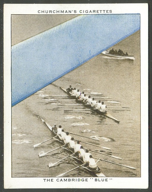 cc gbr 1934 churchman s cigarettes  well known ties  no. 6   the cambridge  blue   photo of boat race   lightblue tie 