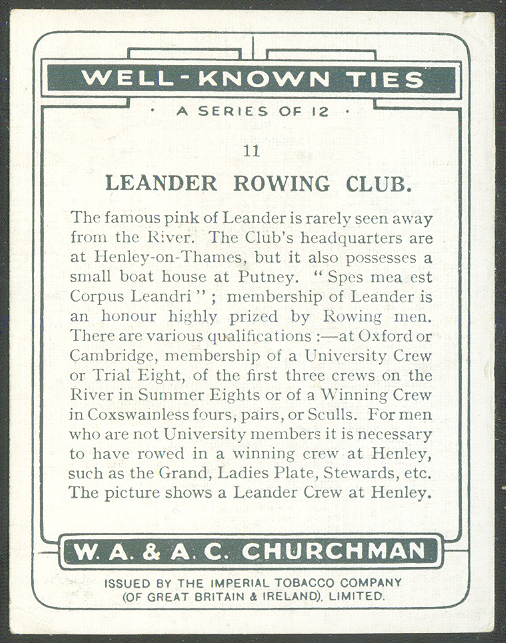 cc gbr 1934 churchmans cigarettes well-known ties no. 11 - leander rc - photo of henley regatta and red tie reverse