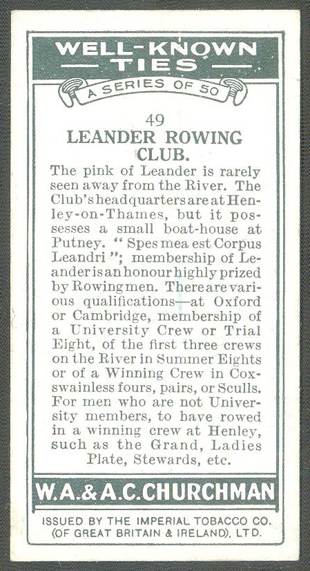 cc gbr 1934 churchmans cigarettes well known ties no. 49 leander rowing club - 8 race at henley and red tie - reverse