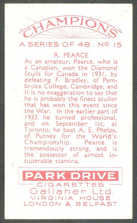 cc gbr 1934 gallaher ltd champions no. 15 r. pearce aus professional world champion - reverse